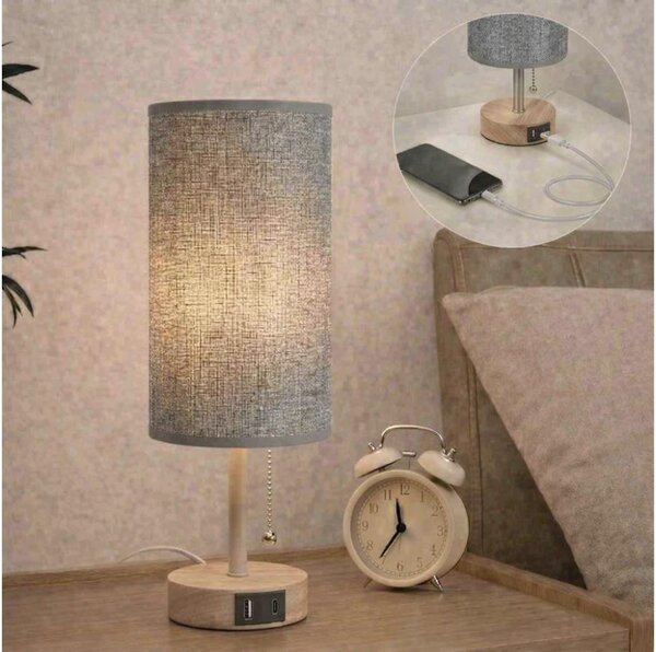 Brilagi - Stolná lampa s USB portom TABLON 1xE27/25W/230V dub/béžová/sivá