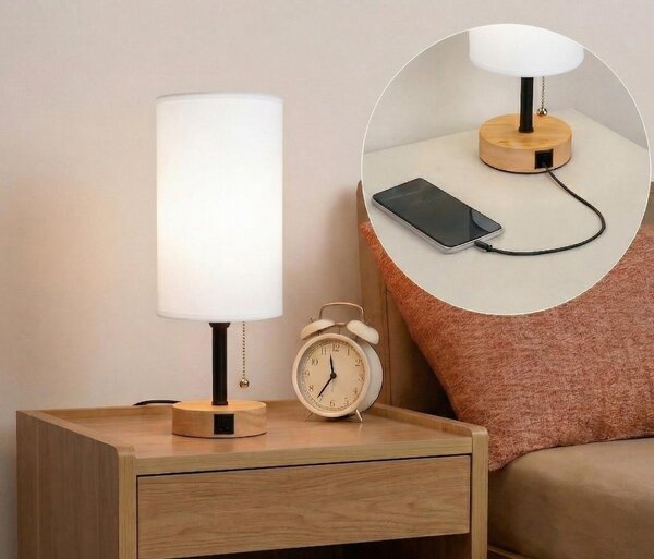 Brilagi - Stolová lampa s USB portom TABLON 1xE27/25W/230V dub/čierna/biela