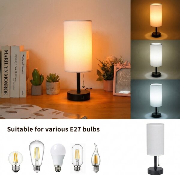 Brilagi - Stolová lampa s USB portom TABLON 1xE27/25W/230V čierna/biela