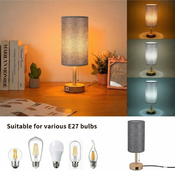 Brilagi - Stolná lampa s USB portom TABLON 1xE27/25W/230V dub/béžová/sivá