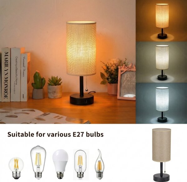 Brilagi - Stolová lampa s USB portom TABLON 1xE27/25W/230V čierna/béžová