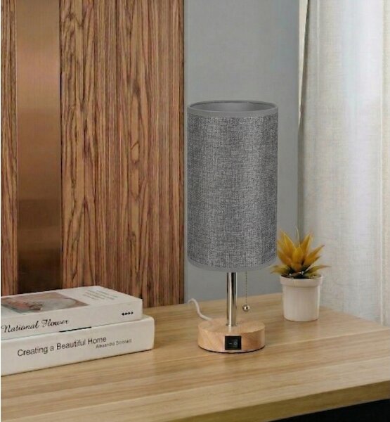 Brilagi - Stolná lampa s USB portom TABLON 1xE27/25W/230V dub/béžová/sivá