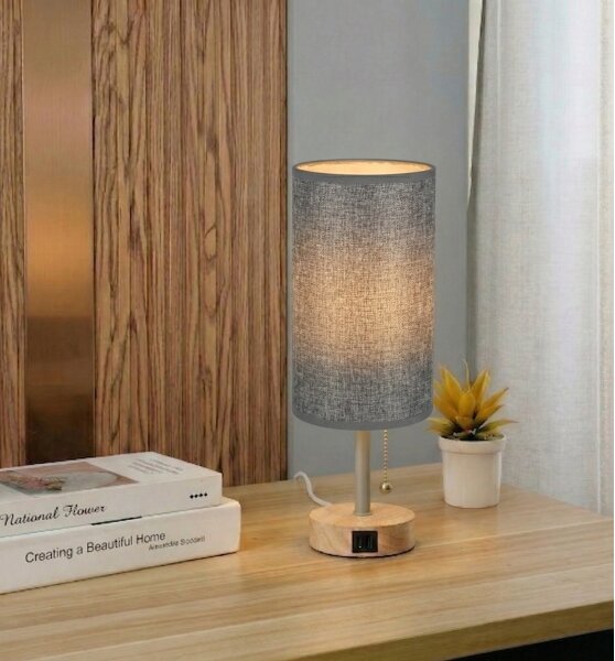 Brilagi - Stolná lampa s USB portom TABLON 1xE27/25W/230V dub/béžová/sivá