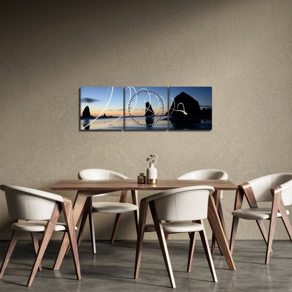 Obraz - pláž pri západe (s hodinami) (90x30 cm)