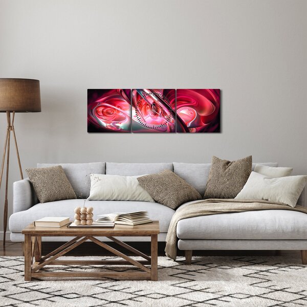 Obraz červených fraktálov (s hodinami) (90x30 cm)