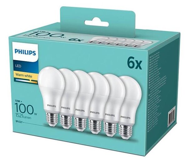 SADA 6x LED Žiarovka Philips A60 E27/13W/230V 2700K