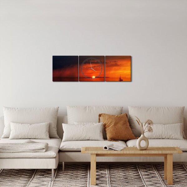 Obraz západu slnka s plachetnicou (s hodinami) (90x30 cm)