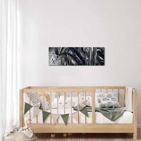 Obraz sivej abstrakcie s modrou (s hodinami) (90x30 cm)