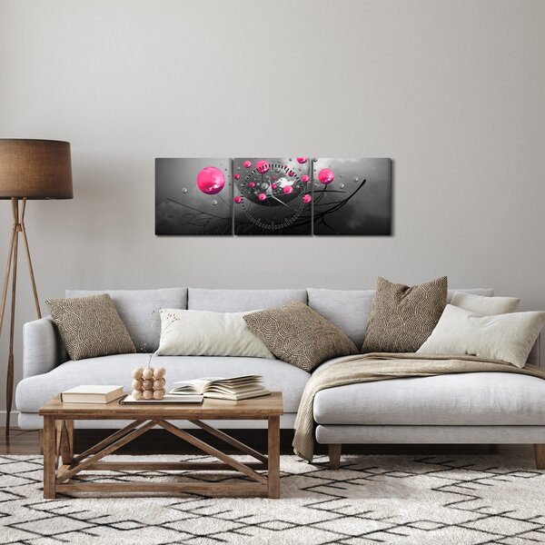 Obraz ružových abstraktných gulí (s hodinami) (90x30 cm)