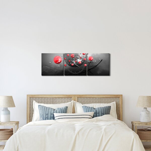 Obraz červených abstraktných gulí (s hodinami) (90x30 cm)