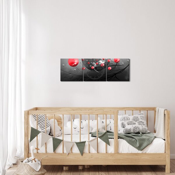 Obraz červených abstraktných gulí (s hodinami) (90x30 cm)