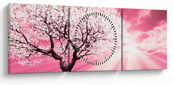 Ružový obraz stromu (s hodinami) (90x30 cm)