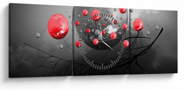 Obraz červených abstraktných gulí (s hodinami) (90x30 cm)