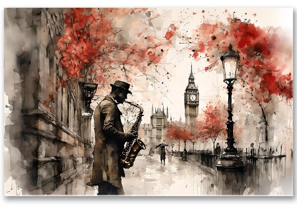 Jazzman v uliciach Londýna – obraz s jesennou atmosférou 30x20cm