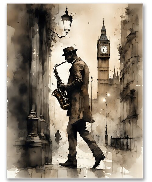 Saxofonista v uličkách Londýna – umelecký obraz s Big Benom 30x40cm
