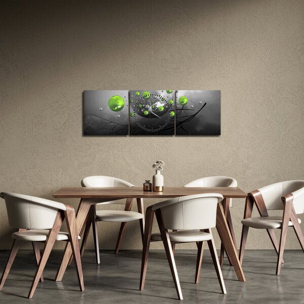 Obraz zelených abstraktných gulí (s hodinami) (90x30 cm)