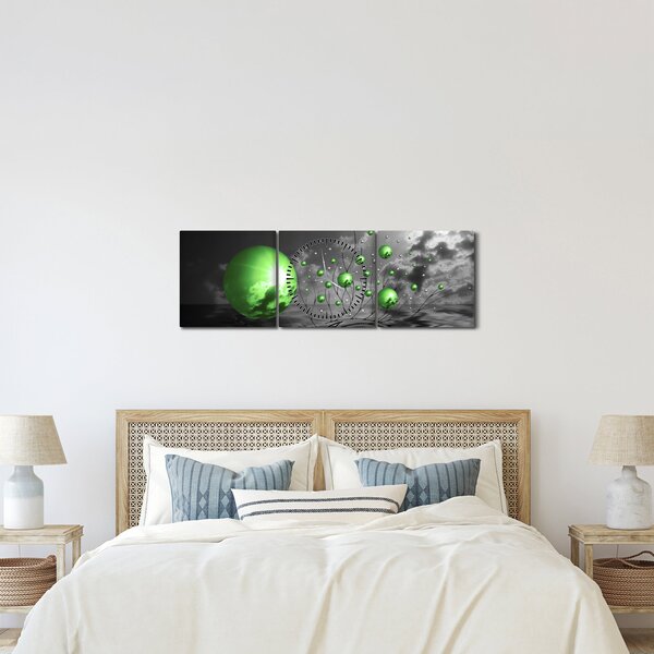 Obraz zelených abstraktných gulí (s hodinami) (90x30 cm)