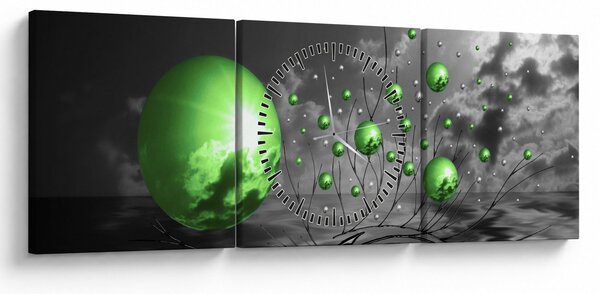 Obraz zelených abstraktných gulí (s hodinami) (90x30 cm)