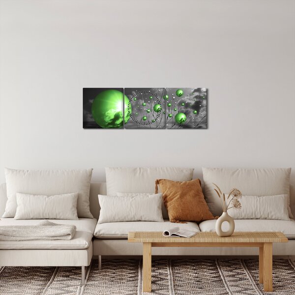 Obraz zelených abstraktných gulí (s hodinami) (90x30 cm)