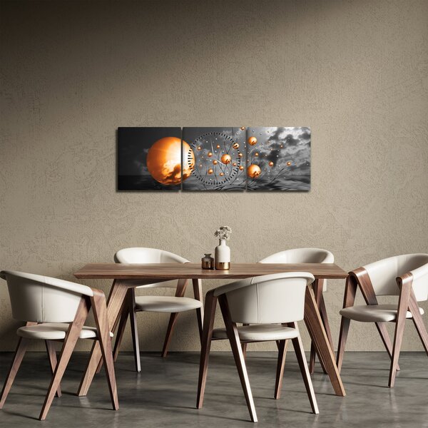 Obraz oranžových abstraktných gulí (s hodinami) (90x30 cm)