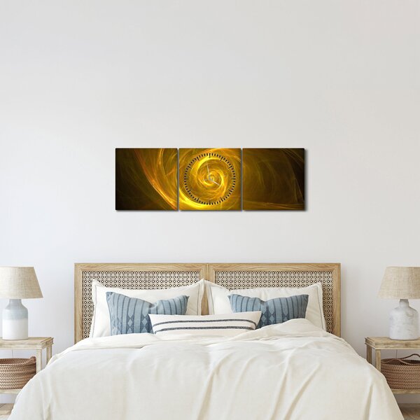 Obraz abstraktnej žltej špirály (s hodinami) (90x30 cm)