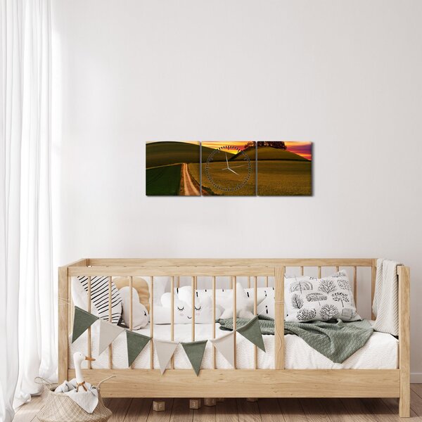 Obraz poľa pri západe slnka (s hodinami) (90x30 cm)