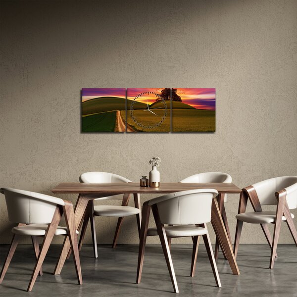 Obraz poľa pri západe slnka (s hodinami) (90x30 cm)