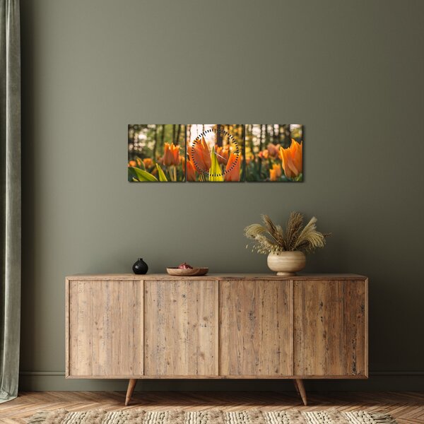 Obraz - kvety tulipánov (s hodinami) (90x30 cm)