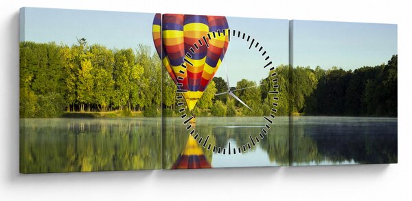 Obraz teplovzdušného balóna na jazere (s hodinami) (90x30 cm)