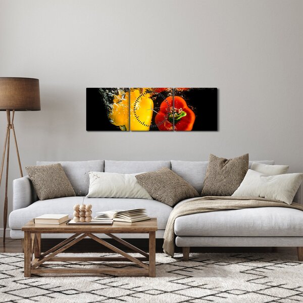 Obraz - papriky vo vode (s hodinami) (90x30 cm)