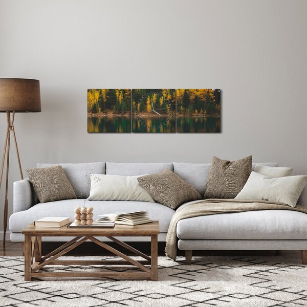 Obraz lesného jazera (s hodinami) (90x30 cm)