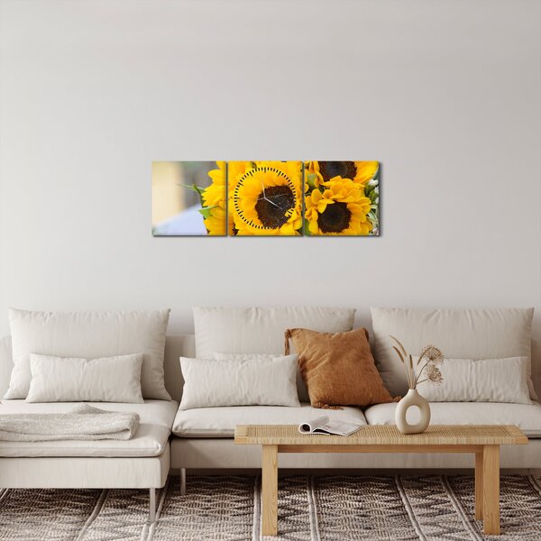 Obraz svadobnej kytice zo slnečníc (s hodinami) (90x30 cm)