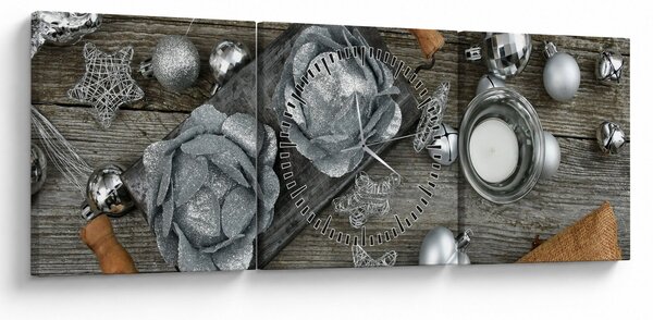 Obraz - strieborné vianočné dekorácie (s hodinami) (90x30 cm)