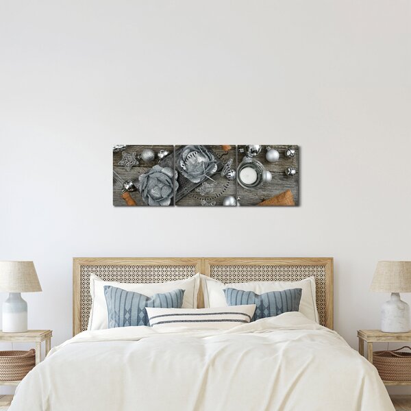 Obraz - strieborné vianočné dekorácie (s hodinami) (90x30 cm)