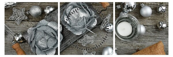 Obraz - strieborné vianočné dekorácie (s hodinami) (90x30 cm)
