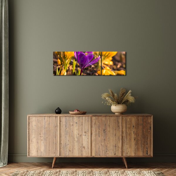 Obraz fialovej kvetiny (s hodinami) (90x30 cm)