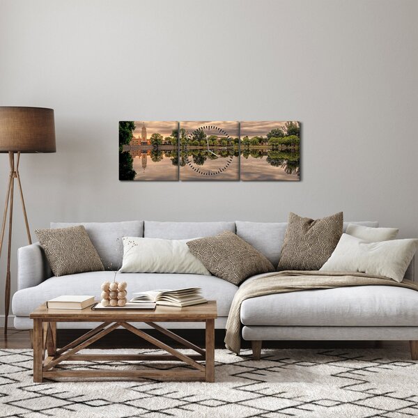 Obraz jazera a stromov (s hodinami) (90x30 cm)