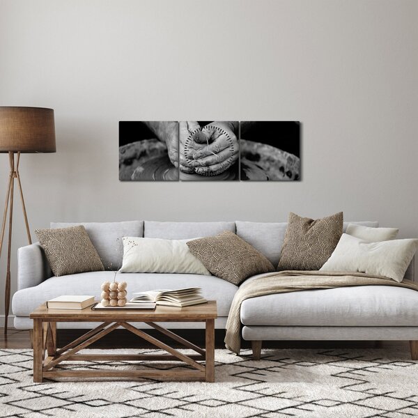 Čiernobiely obraz - výroba keramiky (s hodinami) (90x30 cm)