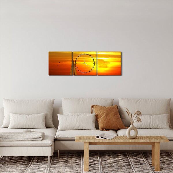 Obraz západu slnka s jachtou (s hodinami) (90x30 cm)