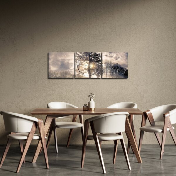 Obraz stromu v hmle (s hodinami) (90x30 cm)