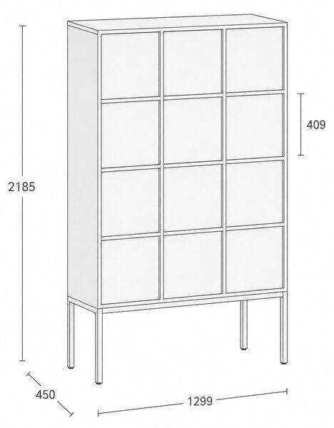 Kancelárska skriňa FRAME, biela podnož, 12x dvere, 1299 x 450 x 2185 mm, PUSH-lock, sivá
