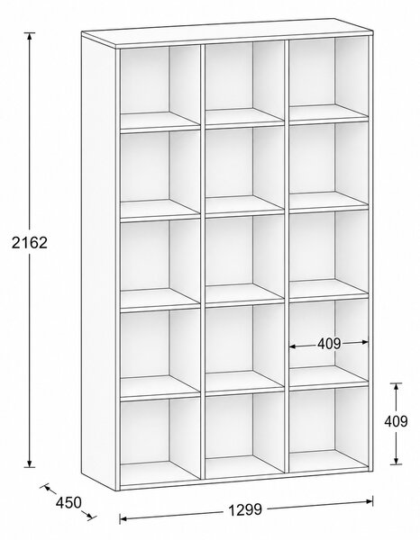 Regál FRAME, vysoký, 3 stĺpce, 2162 x 1299 x 450 mm, orech