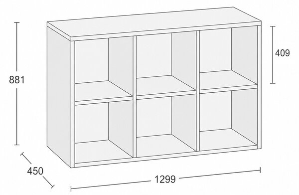 Regál FRAME, nízky, 3 stĺpce, 881 x 1299 x 450 mm, orech