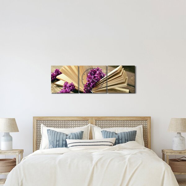 Obraz knihy a fialovej kvetiny (s hodinami) (90x30 cm)