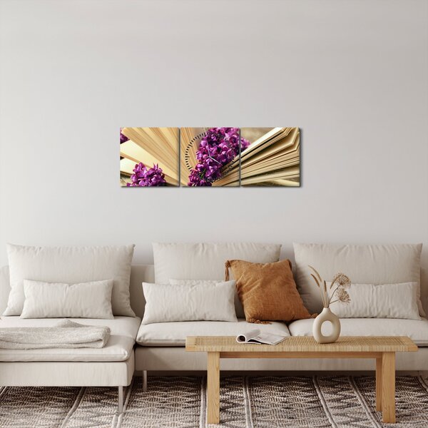 Obraz knihy a fialovej kvetiny (s hodinami) (90x30 cm)