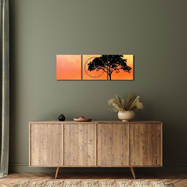 Obraz stromu pri západe slnka (s hodinami) (90x30 cm)