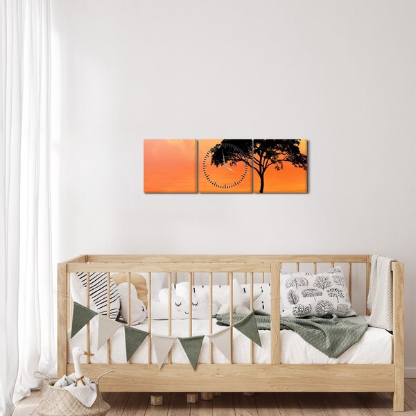 Obraz stromu pri západe slnka (s hodinami) (90x30 cm)