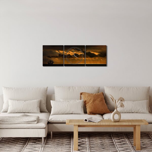Obraz plachetnice pri západe slnka (s hodinami) (90x30 cm)