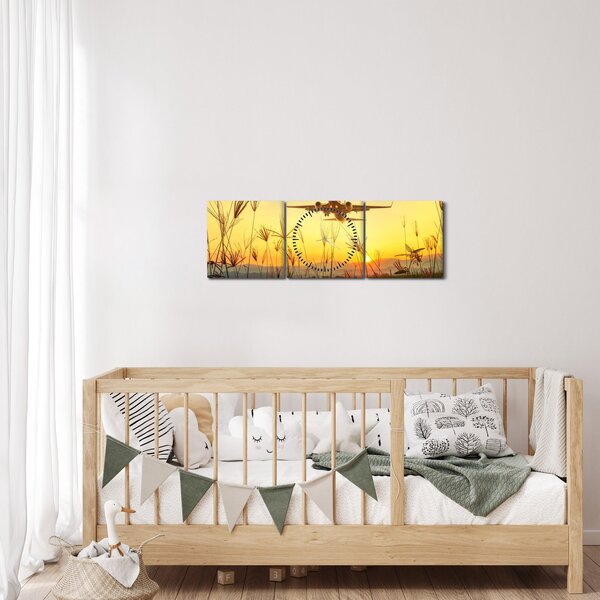 Obraz vzlietajúceho lietadla (s hodinami) (90x30 cm)