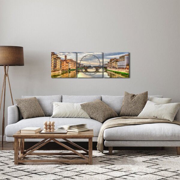 Obraz mesta s riekou (s hodinami) (90x30 cm)